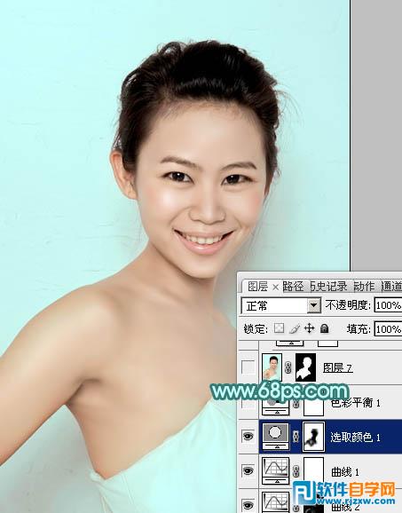 Photoshop给室内人像加上青红蜜糖色