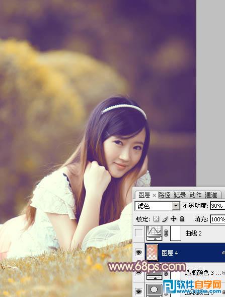 Photoshop调出草地上的美女柔美的橙紫色