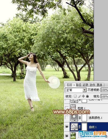 Photoshop调出唯美的淡黄色草地树林人物图片