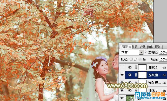 Photoshop调出柔美的橙绿色树林婚片教程
