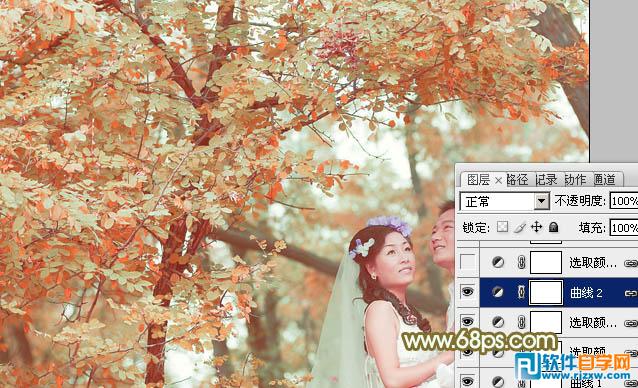 Photoshop调出柔美的橙绿色树林婚片教程
