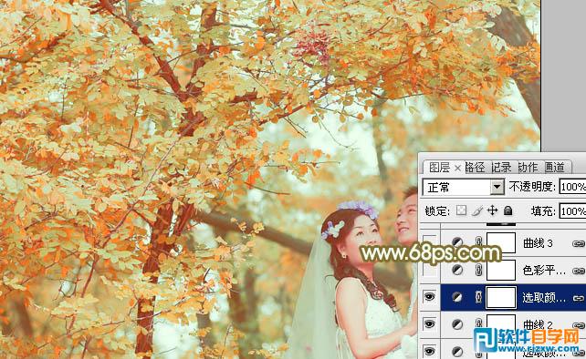 Photoshop调出柔美的橙绿色树林婚片教程