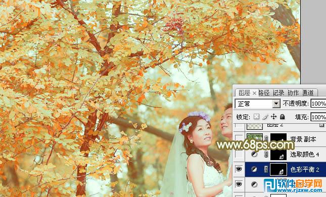 Photoshop调出柔美的橙绿色树林婚片教程