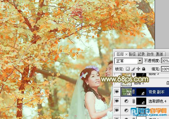 Photoshop调出柔美的橙绿色树林婚片教程
