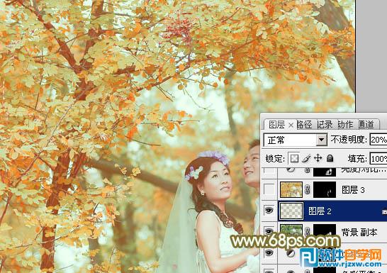 Photoshop调出柔美的橙绿色树林婚片教程