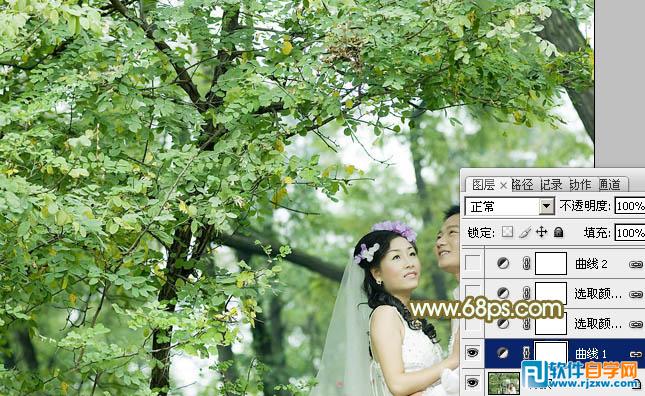 Photoshop调出柔美的橙绿色树林婚片教程