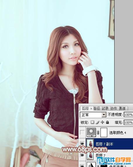 Photoshop调出室内美女加上甜美的淡蓝色教程