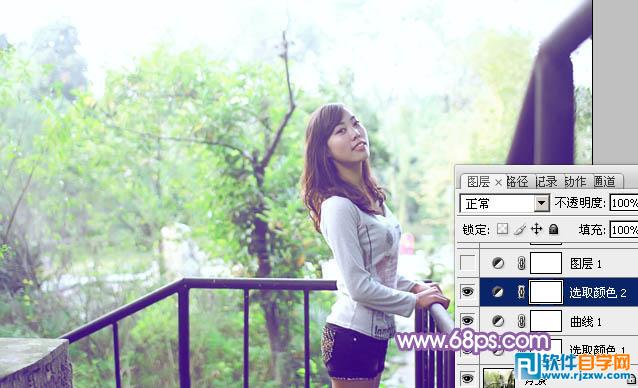 Photoshop调出公园美女加上清爽的蓝绿色教程