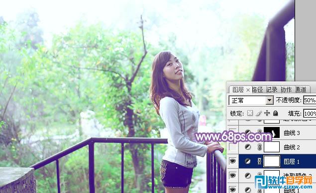 Photoshop调出公园美女加上清爽的蓝绿色教程