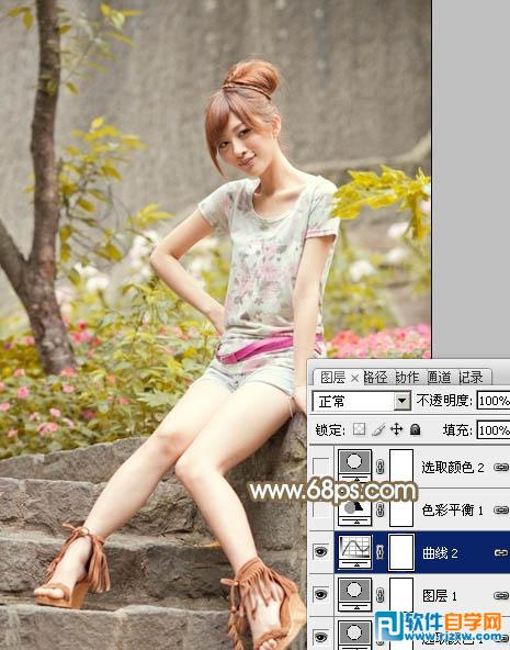 Photoshop调出花草边的美女加上柔和的黄褐色教程