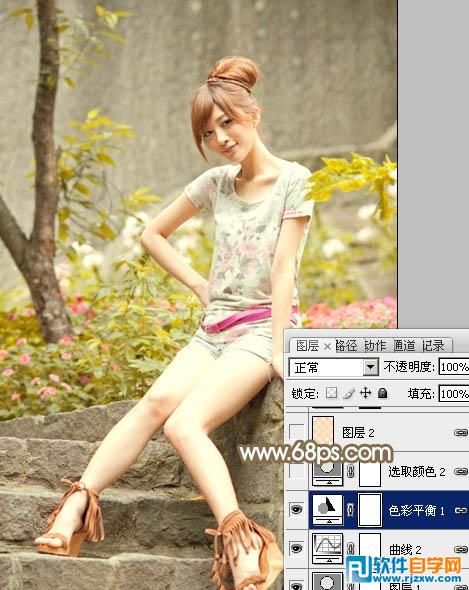 Photoshop调出花草边的美女加上柔和的黄褐色教程