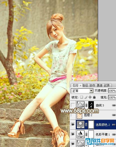 Photoshop调出花草边的美女加上柔和的黄褐色教程