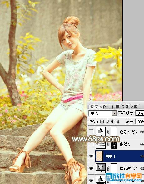 Photoshop调出花草边的美女加上柔和的黄褐色教程