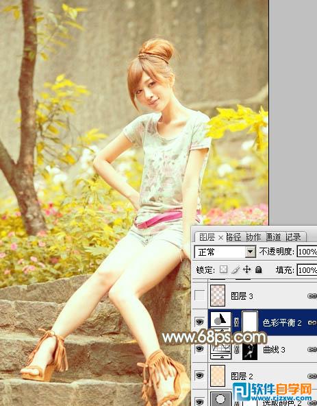 Photoshop调出花草边的美女加上柔和的黄褐色教程