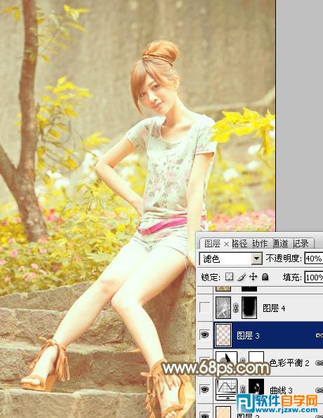 Photoshop调出花草边的美女加上柔和的黄褐色教程