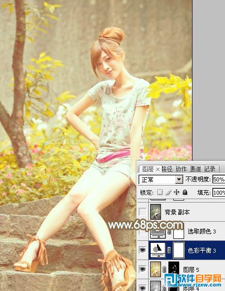 Photoshop调出花草边的美女加上柔和的黄褐色教程