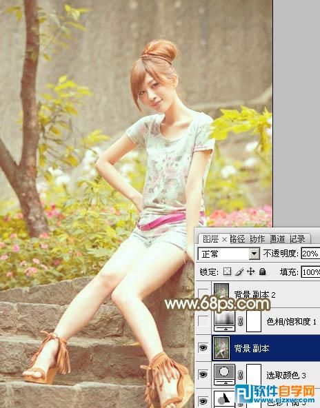 Photoshop调出花草边的美女加上柔和的黄褐色教程
