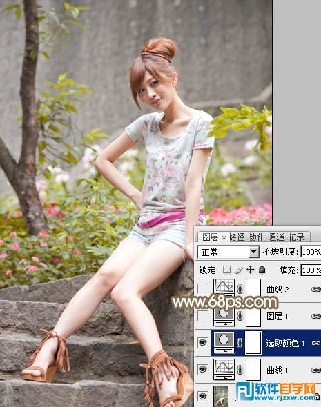 Photoshop调出花草边的美女加上柔和的黄褐色教程
