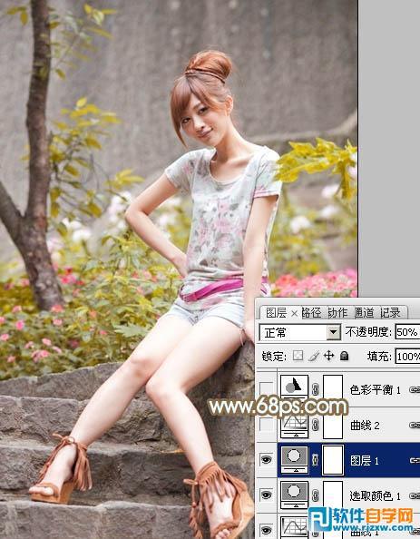 Photoshop调出花草边的美女加上柔和的黄褐色教程