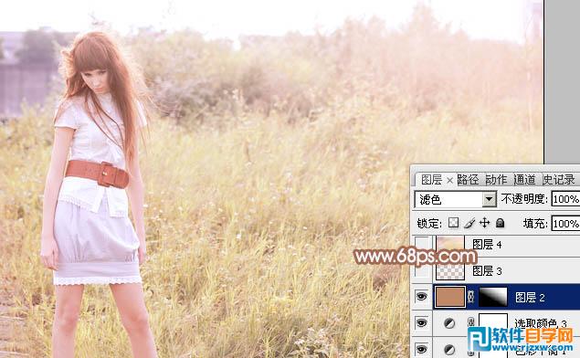 Photoshop给草地人物图片调出淡美的红黄色教程