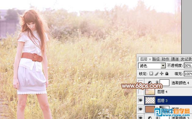 Photoshop给草地人物图片调出淡美的红黄色教程