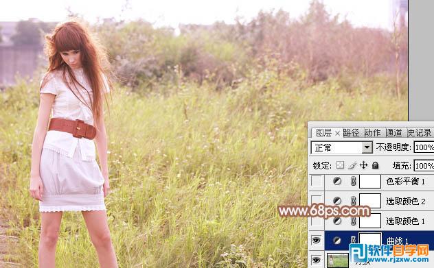 Photoshop给草地人物图片调出淡美的红黄色教程
