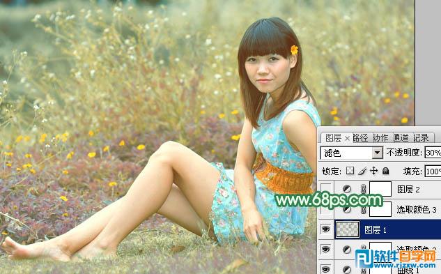 给野草中的人物调出柔和的小清新黄绿色