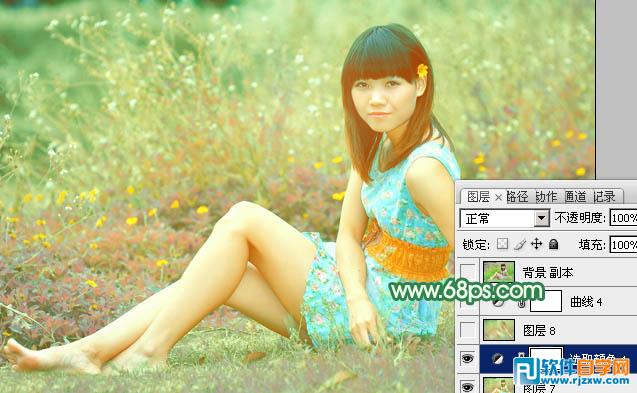 给野草中的人物调出柔和的小清新黄绿色