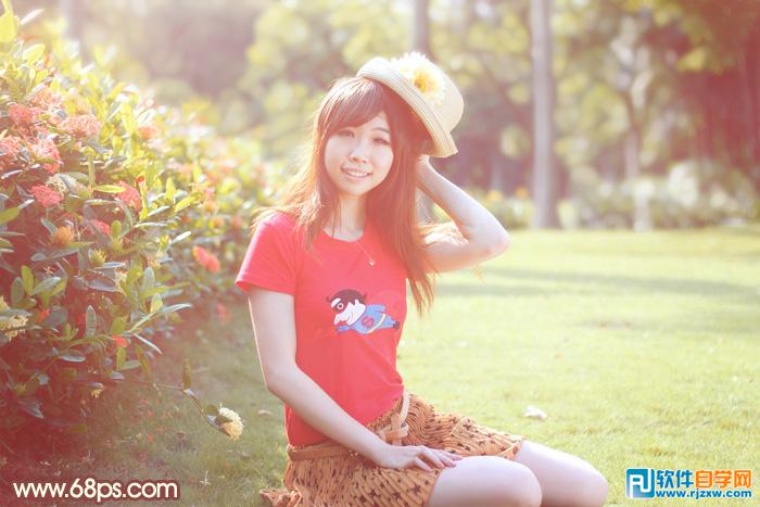 Photoshop给外景红衣人物调出淡美的红黄色