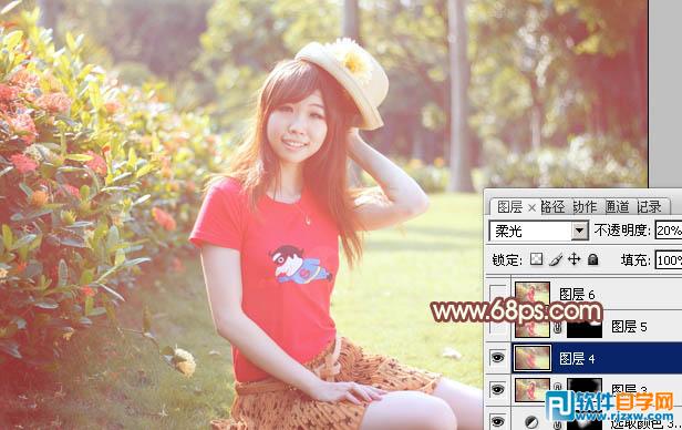 Photoshop给外景红衣人物调出淡美的红黄色