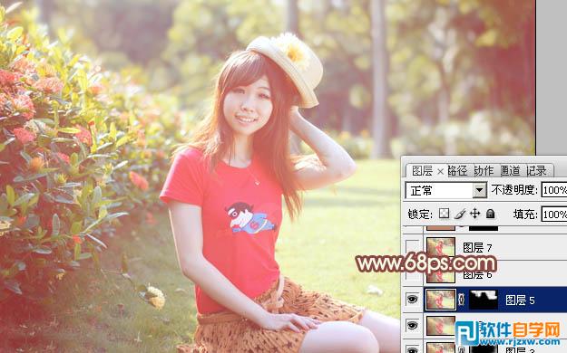 Photoshop给外景红衣人物调出淡美的红黄色
