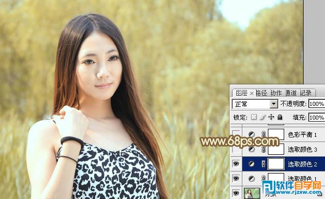 Photoshop给绿树边的美女加上韩系暖褐色