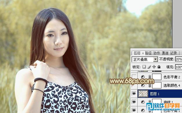 Photoshop给绿树边的美女加上韩系暖褐色