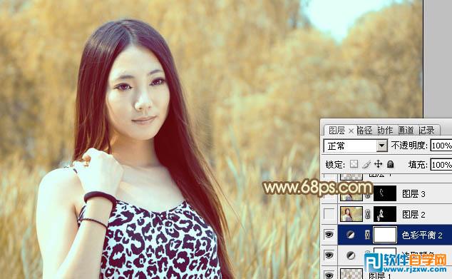 Photoshop给绿树边的美女加上韩系暖褐色