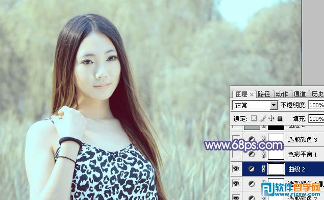 Photoshop给绿树边的美女加上淡美的蓝黄色