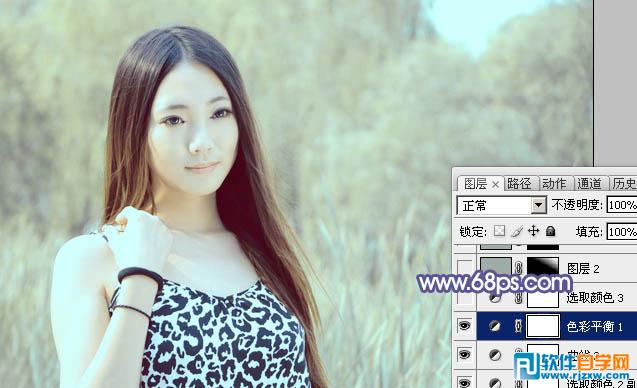 Photoshop给绿树边的美女加上淡美的蓝黄色