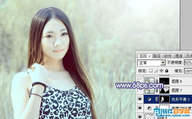 Photoshop给绿树边的美女加上淡美的蓝黄色