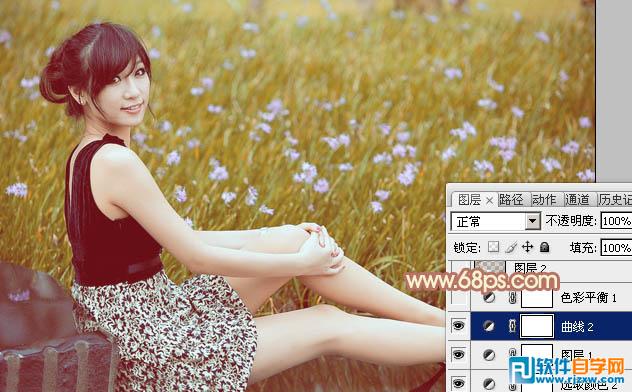 Photoshop给草地上的美女加上柔和的淡调橙褐色