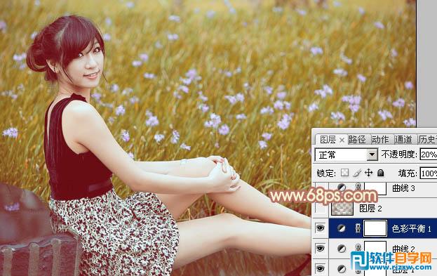 Photoshop给草地上的美女加上柔和的淡调橙褐色