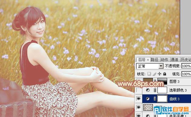 Photoshop给草地上的美女加上柔和的淡调橙褐色