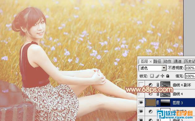 Photoshop给草地上的美女加上柔和的淡调橙褐色