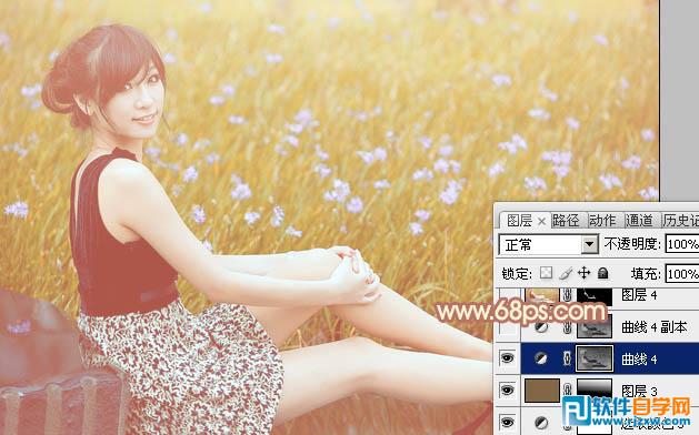 Photoshop给草地上的美女加上柔和的淡调橙褐色