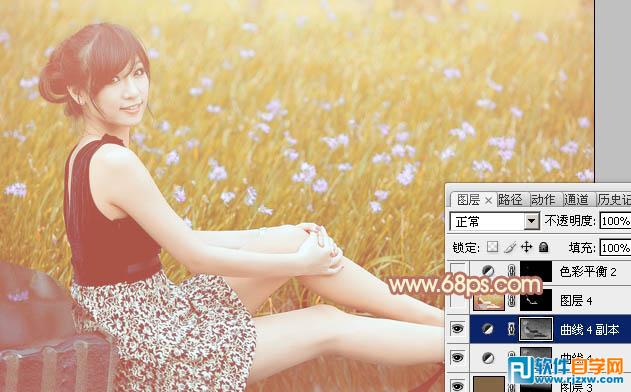 Photoshop给草地上的美女加上柔和的淡调橙褐色