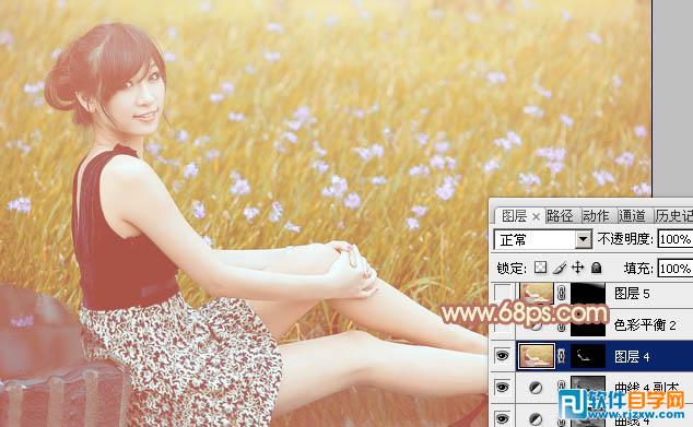Photoshop给草地上的美女加上柔和的淡调橙褐色