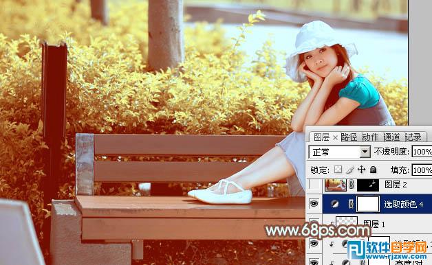 Photoshop给公园美女调出流行的韩系黄褐色