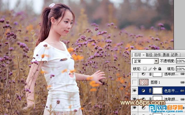 Photoshop给花草中的人物加上甜美的淡褐色