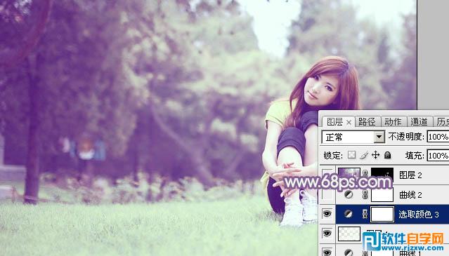 Photoshop给树林旁的美女调出柔和的绿紫色