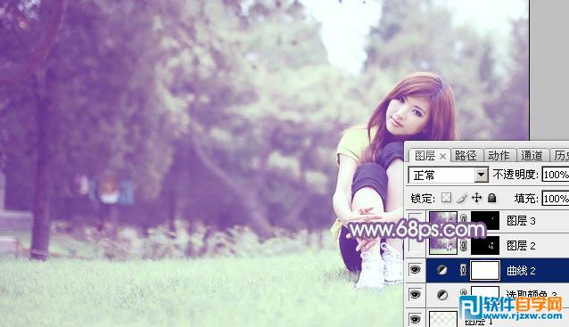 Photoshop给树林旁的美女调出柔和的绿紫色