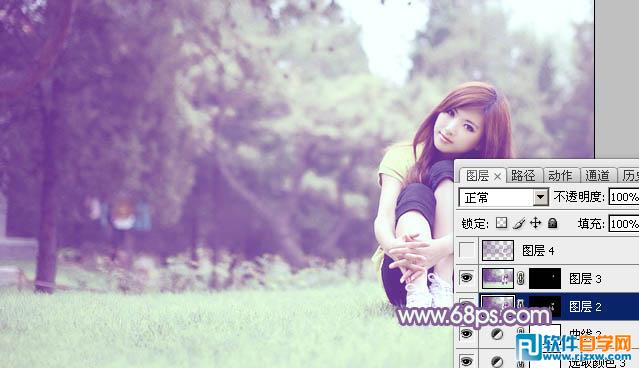 Photoshop给树林旁的美女调出柔和的绿紫色