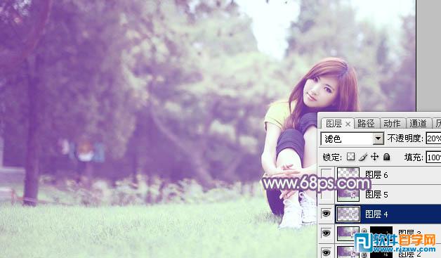 Photoshop给树林旁的美女调出柔和的绿紫色
